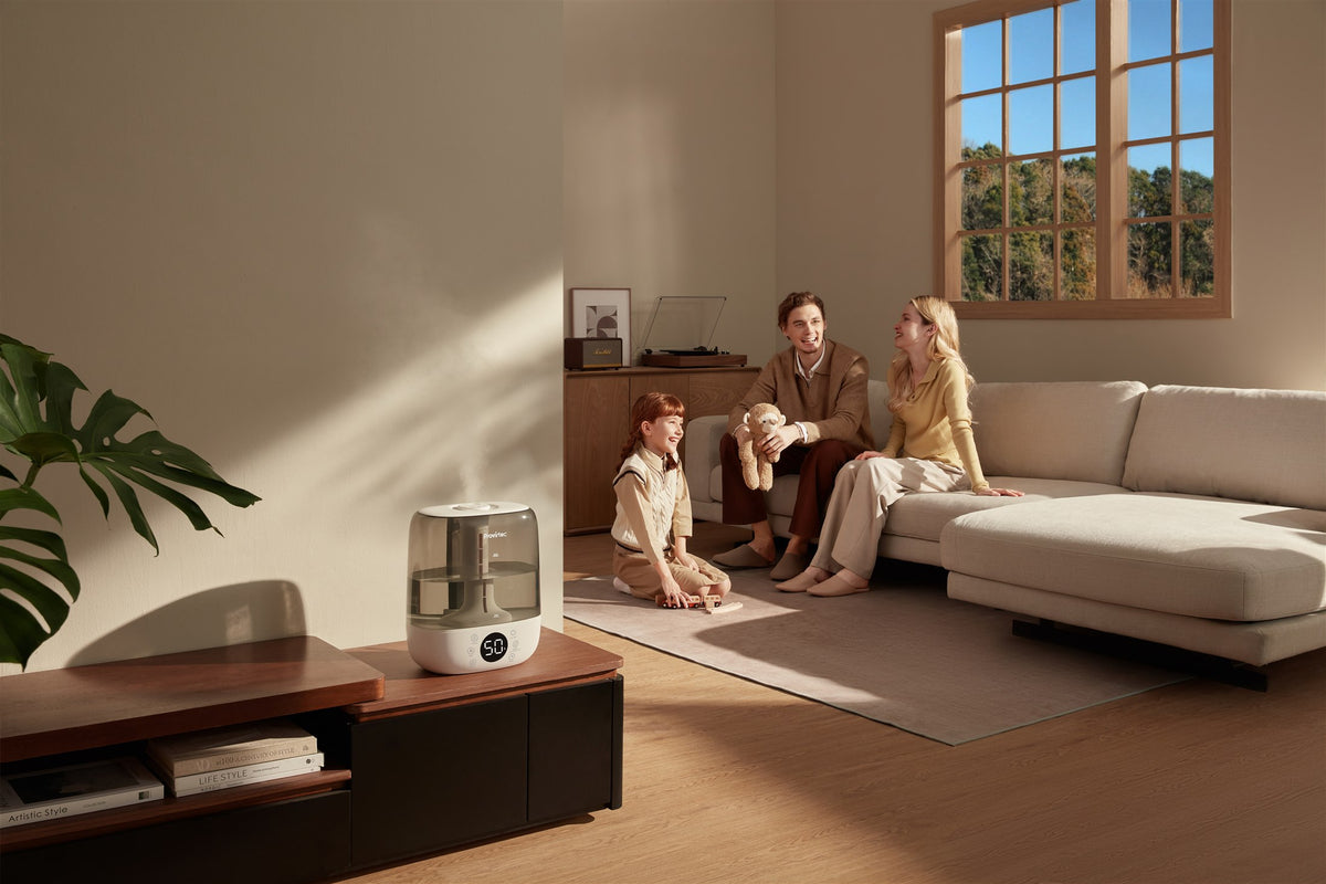 MistGrove humidifier with essential oil bottles nearby