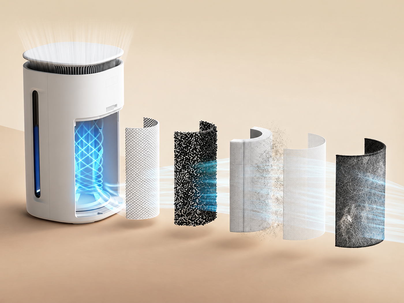 Illustrative Pawtent cutaway showing the outer pre-filter, fine-particle filter media and activated carbon