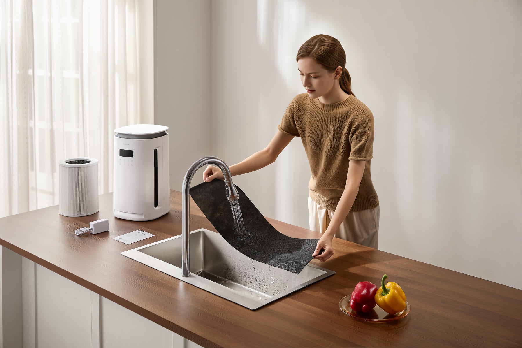 Filter care demonstration with the purifier unplugged and its filter components removed